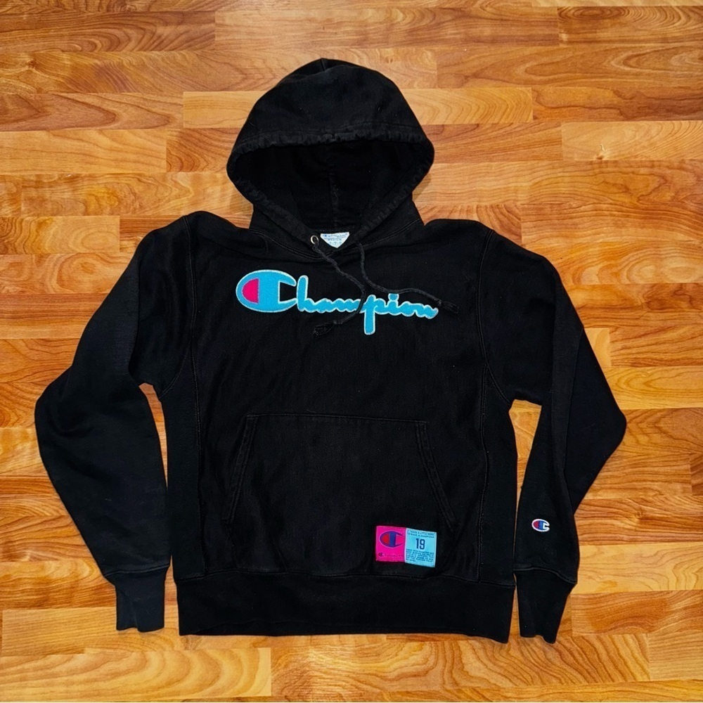 Champion Spellout Hoodie Size Medium With Embroidered Neon Blue Puff Out Letters